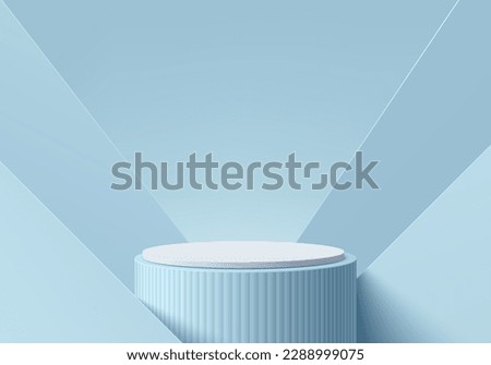 3D background with realistic blue, white cylinder stand podium and overlap triangles wall scene. Pastel minimal mockup product display. Abstract geometric platforms. Stage showcase. 3D vector render.