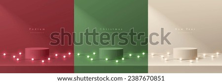 Set of 3D christmas podium background in red, cream and green color with neon light bulb on 
 floor. Mockup product display. Mery christmas, New year minimal wall scene. Abstract composition design.