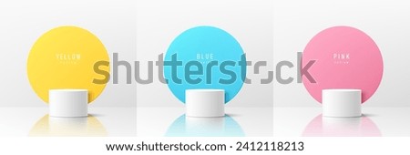 Set of realistic 3d white cylinder podium pedestal with pastel yellow, blue, pink in round circles background. Abstract vector rendering geometric form. Mockup product display. Pastel minimal scene.