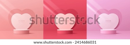 Set of 3D valentine day background with pink, red realistic cylinder podium pedestal. Heart shape frames backdrop. Vector geometric form. Mockup product display. Pastel minimal scene. Stage showcase.