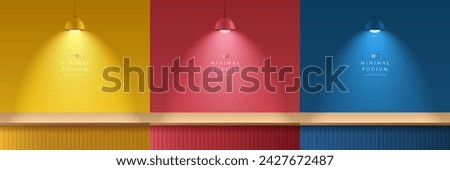 Set of yellow, dark blue, red and wood realistic 3d podium shelf stand in abstract rooms with hanging neon lamps. Stage showcase, Product display. Vector rendering geometric forms. Minimal scene. 