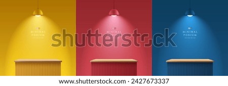 Set of yellow, blue, red and wood realistic 3d podium stand od cube desk shelf table with hanging neon lamps. Stage showcase, Product display. Vector rendering geometric forms. Abstract minimal scene.