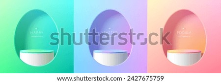 Set of 3D happy easter day background. Yellow, blue, pink and white podium in egg oval shape gate backdrop scene. Platforms mockup product display. Abstract composition minimal design. Stage showcase.