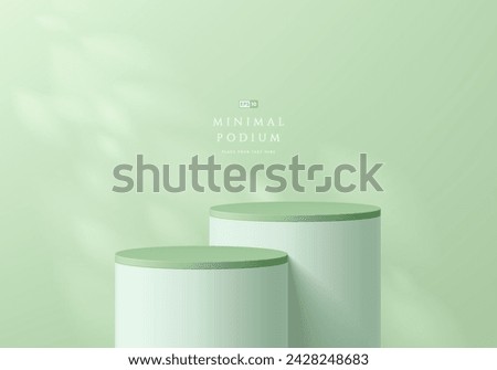 3D green podium background with white cylinder pedestal and leaf natural light scene. Platforms mockup stand product display presentation. Abstract pastel composition in minimal design. Stage showcase