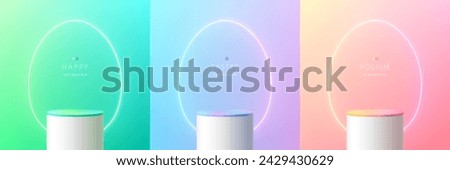 Set of 3D happy easter day podium background. Yellow, blue, pink and white podium with neon egg oval shape scene. Platforms mockup product display. Abstract composition minimal design. Stage showcase.