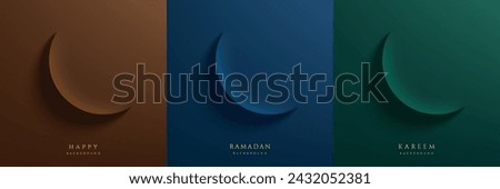 Set of Ramadan Kareem festival background. Moon in paper cut style on brown, dark blue, dark green. Islamic greeting card template with Eid al Adha Mubarak for wallpaper, Poster, Media banner, card.