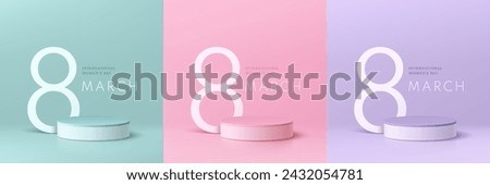 Set of realistic pink, green and purple 3D cylinder pedestal podium set with text 8 march international women day. Platforms mockup product display presentation. Abstract composition in minimal design