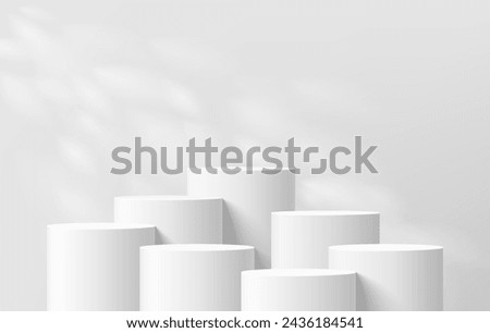 3D background with set of realistic white cylinder podium pedestal and natural leaf light scene. Abstract composition in minimal design. Platforms mockup product display presentation. Stage showcase.