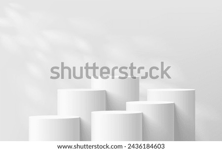 3D background with set of realistic white cylinder podium pedestal and natural leaf light scene. Abstract composition in minimal design. Platforms mockup product display presentation. Stage showcase.
