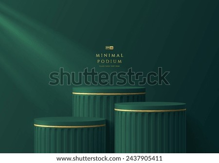 3D podium background with dark green, golden cylinder pedestal podium set on clean room wall scene. Platforms mockup product display presentation. Abstract composition minimal design. Stage showcase.