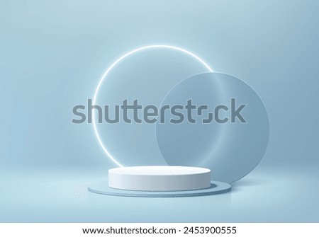 3D round product podium blue background with glowing neon ring behind. Abstract composition in minimal design. 3D studio showroom product pedestal, Fashion showcase mock up scene. Banner cosmetic.