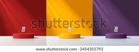Set of 3D product podium background in red, yellow and dark purple on white floor empty space. Abstract composition in minimal design. Studio showroom product pedestal, Fashion showcase mockup scene.