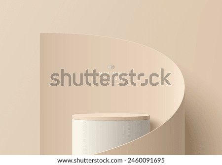 3D beige round product podium background with papercut swirl flow scene. Abstract composition in minimal design. Studio showroom product pedestal, Fashion showcase mockup scene. Vector banner cosmetic