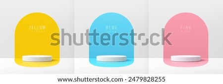 Set of 3D white product podium with blue, pink, yellow color in round backdrop. Abstract geometric composition in minimal design. Studio showroom product pedestal, Fashion stage showcase mockup scene.