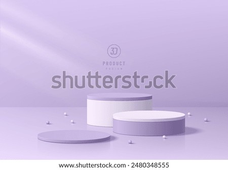 3D purple round product podium set background with white ball beads. Abstract geometric composition in minimalist design. Studio display showroom product pedestal, Fashion stage showcase mockup scene.