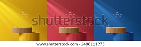 Set of 3D red, blue and yellow product podium background in brown wood top. Abstract composition in minimalist design. 3D studio display showroom product pedestal, Fashion stage showcase mockup scene.