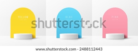 Set of 3D white product podium with blue, pink, yellow in arch shape backdrop. Abstract geometric composition in minimal design. Studio showroom product pedestal, Fashion stage showcase mockup scene.