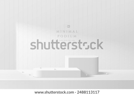 3D white round product podium background with white wall square tile. Abstract composition minimalist design. 3D studio display showroom cosmetic product pedestal, Fashion stage showcase mockup scene.