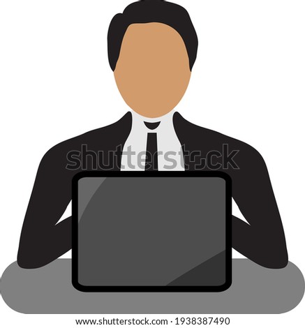 Man working with a laptop on a table. Grey color suit. Suitable for employee or business person vector.