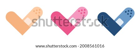 Heart shaped medical patches isolated on white background. Beige, pink and blue medical tape, adhesive tape plasters for vaccination campaign, sticker, label etc. Flat style vector illustration