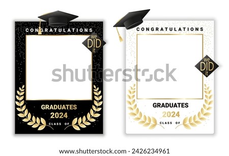 Congratulations graduates class of 2024 photo booth props set. Graduation photo frame design template for selfie , print, party, invitation etc. Flat style vector illustration for grad ceremony.