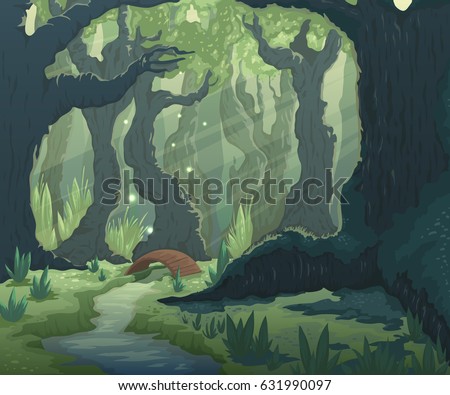 Forest landscape with trees, river and bridge. Cartoon fairytale scenery background. Vector illustration.