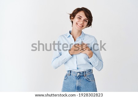 Similar – Image, Stock Photo Young Woman with Hands on Head in Blue Background Studio