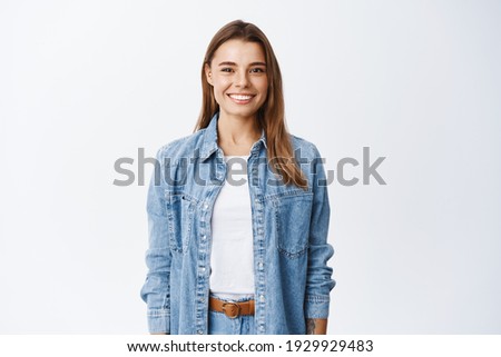 Similar – Image, Stock Photo Portrait of young girl hipster beautiful blonde teenager smiling and posing in marine port at windy summer day.