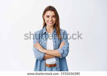 Similar – Image, Stock Photo Portrait of young pretty yoga girl with short curly hair in sportswear. Calm and peace on her face. Slight smile. Film toned filter.