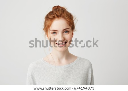 Similar – Image, Stock Photo Happy pretty young redhead woman with a cute smile in a white tshirt with a maple leaf in hands. Golden foliage. Autumnal concept, smiling happy, seasonal moment. Close up portrait