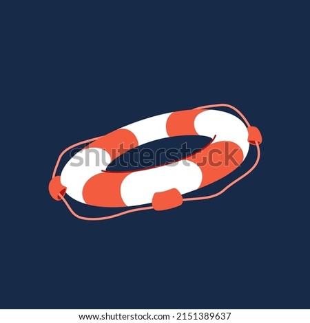 Striped red and white lifebuoy with rope around. Flat vector cartoon illustration, clipart.