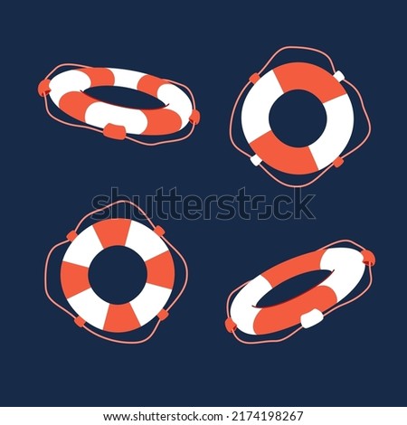 Set of Striped Red and White Lifebuoys With Rope Around, Vector Icon. Flat Cartoon Illustration, Clipart.