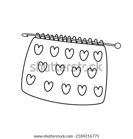 Doodle Crochet Fabric with Hearts and Crochet Hook. Vector Flat Illustration, Isolated, Cartoon, Clipart.