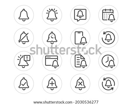 Simple Set of Bell Notification Vector Line Icons in Circles. Contains such Icons as Bell, Timer, Alert, Check, Close, Repeat and more. Editable Stroke.