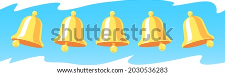 Sprite of five states bell that swings and rings on an abstract blue background. Colored vector illustration for animation. Symbol of notification or school.