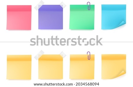 Large set of paper note stickers with additional elements of paper clips and tape. Color illustration in two states, can be used for hover on web sites. Gradient mesh volumetric figure of notepaper.