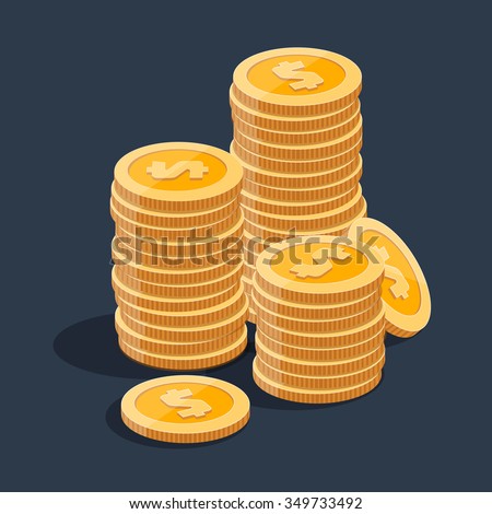 Gold stack of dollar coins. Vector isometric money icon on a colored background. Money flat icon in isometric style. Money gold coins stacks. Money illustration of wealth and condition. Money coins.