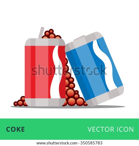 blue and red cans, red can open with fizzy bubbles, vector flat icon