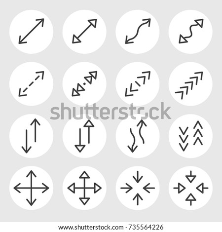 Line arrows and signs vector icons set. Different states, types and directions of the arrows, double arrow, curved, triangle, angled. 