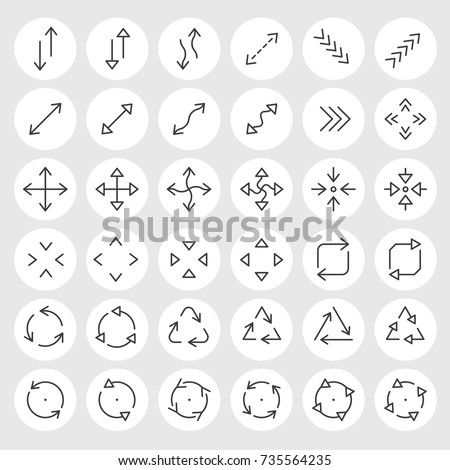 Line arrows and signs vector icons set. Different states, types and directions of the arrows, double arrow, curved, triangle, angled, circled, crossed and other navigation arrows
