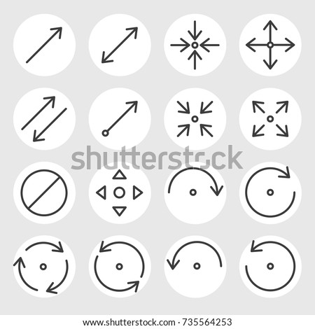 Line arrows and signs vector icons set. Different states, types and directions of the arrows, double arrow, curved, triangle, angled, rotate, cancel and other navigation arrows 