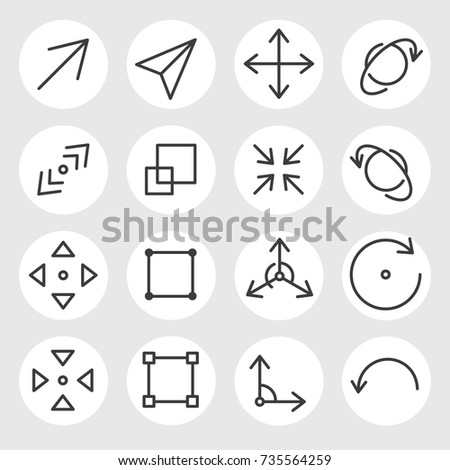 Line arrows and signs vector icons set. Different states, types and directions of the arrows, double arrow, curved, triangle, angled, outward, inward, angle, backward, rotate, scale, size and other 