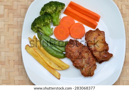 Place the chicken fried steak with vegetables on the plate.
