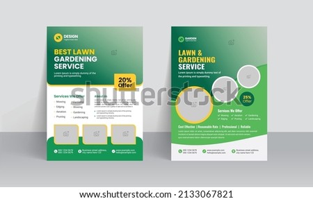 Lawn Mower Garden or Landscaping Service Flyer Template. Business Flyer poster pamphlet brochure cover design layout background, A4 size leaflet, grass, equipment, gardener