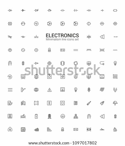 Electronics, electrical components, current, batteries. Minimalism vector symbols, line icons set for mobile and desktop screens design.