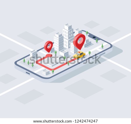 City taxi device app isometrics 3d Vector illustration