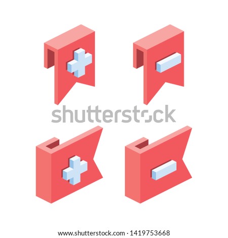 Bookmarks Plus minus set. Vector 3d isometric color icon new flat style. Creative illustration, idea for infographics.