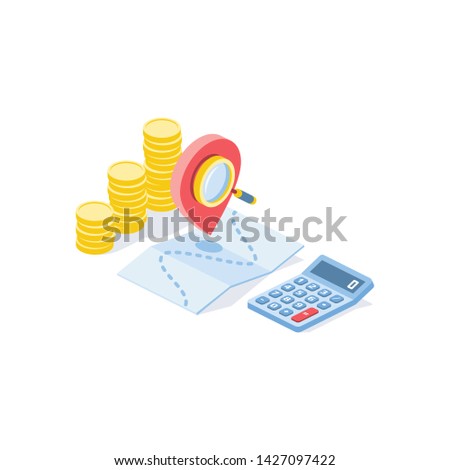 Calculate shipping costs. Map label, calculator, coins money, search magnifier. Vector 3d isometric color icon new flat style. Creative illustration, idea for infographics.