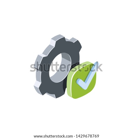 Gears check marck, settings. Vector 3d isometric color icon new flat style. Creative illustration, idea for infographics.