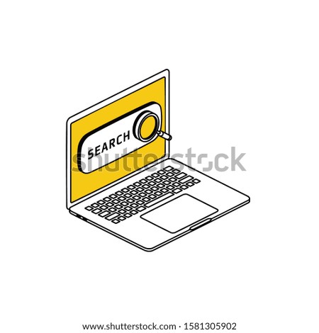 Monitor screen search. Vector line, 3d stroke isometric, color web icon, new flat style. Creative illustration design, abstract idea for infographics.